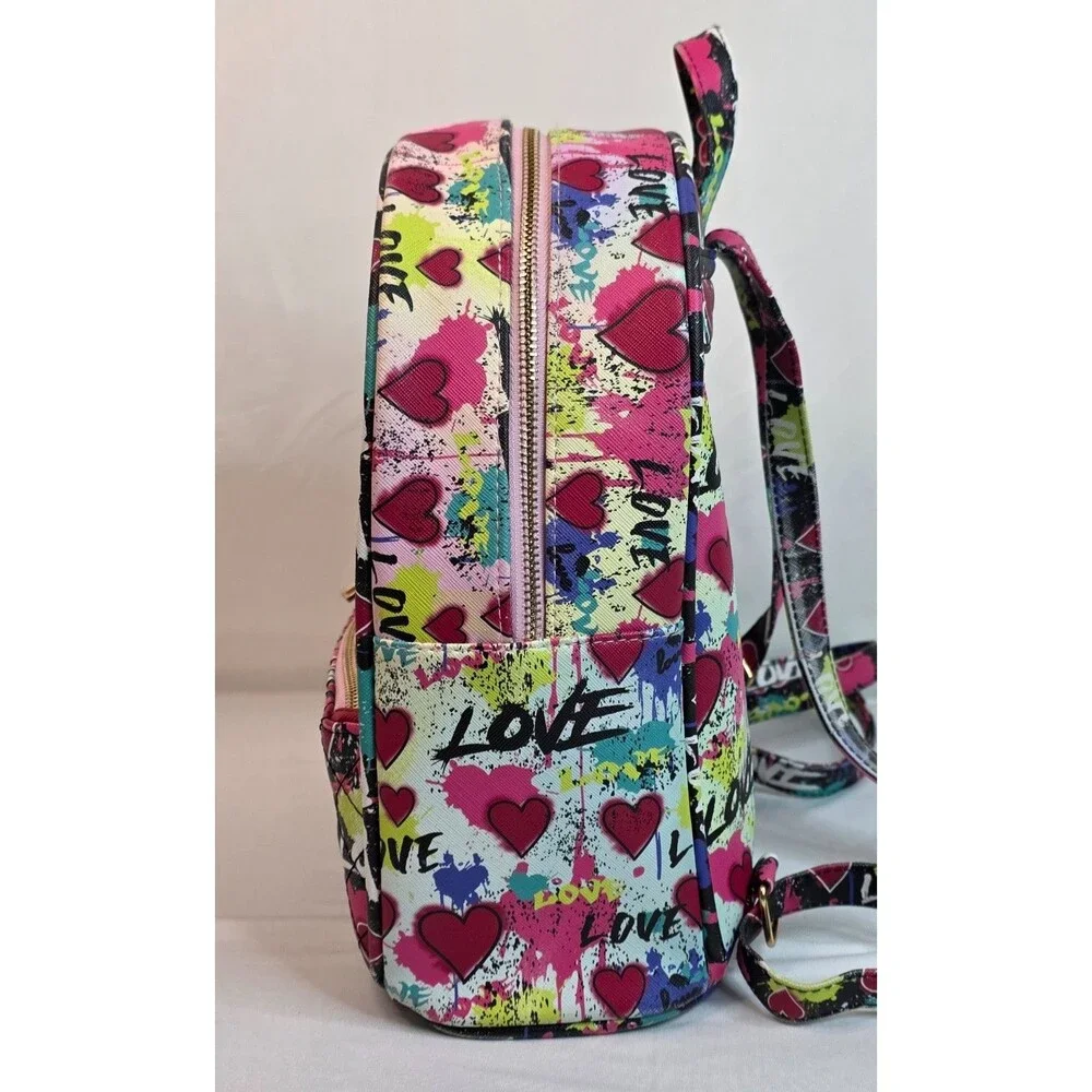 Under One Sky Love Heart Mini Backpack & Matching Zip Pouch Pink Graffiti Bag